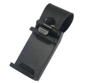 Black universal car steering wheel clip mount holding a mobile phone.