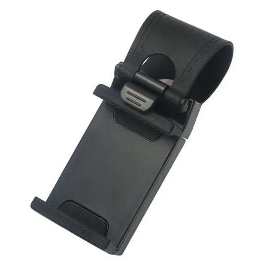 Black universal car steering wheel clip mount holding a mobile phone.