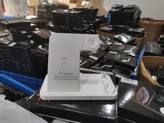 Foldable 4-in-1 wireless charger showing vertical orientation charging Apple iPhone AirPods and Apple Pencil