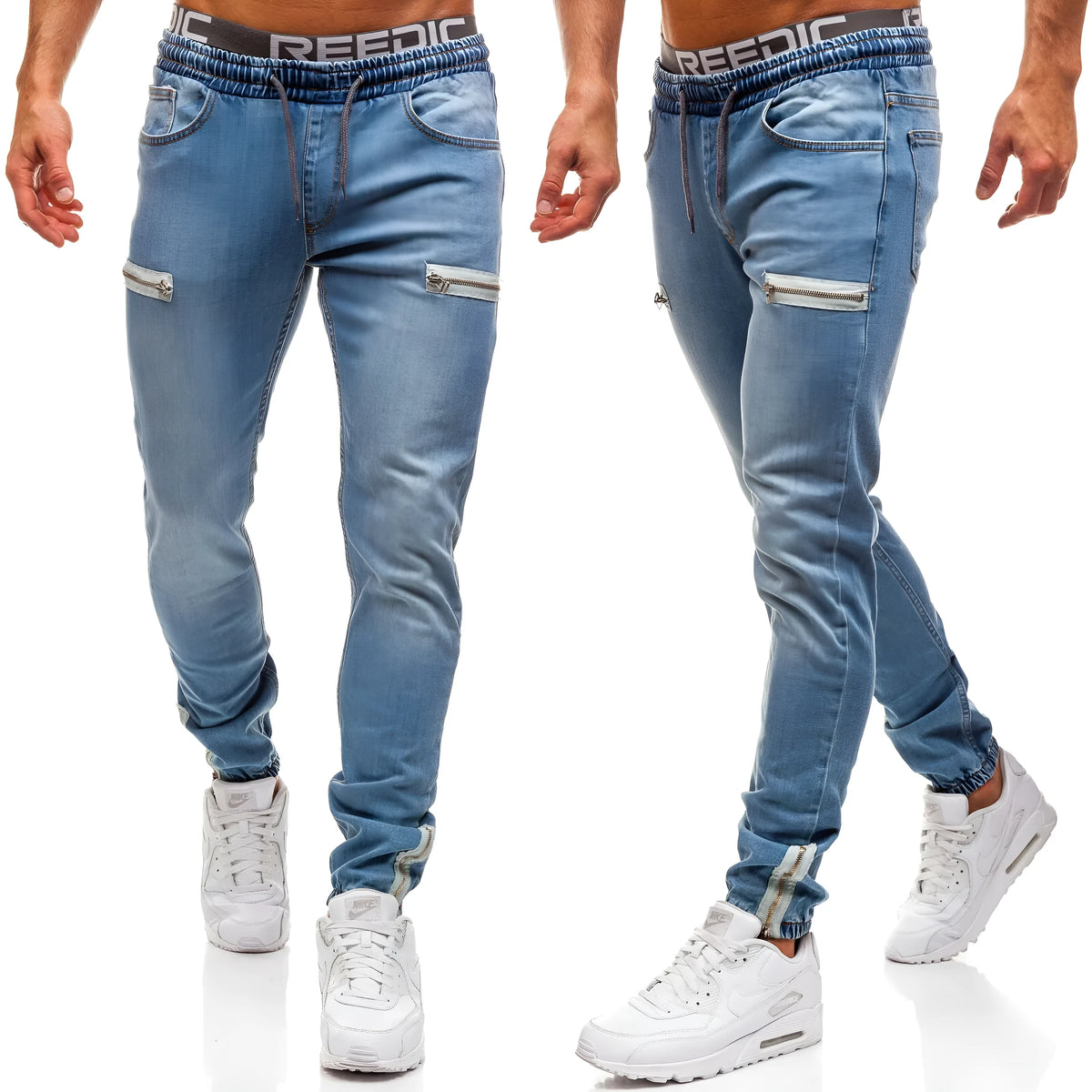 Men's cotton denim jeans with frosted zipper design, tight hip hop fit, available in dark blue, black, or light blue.