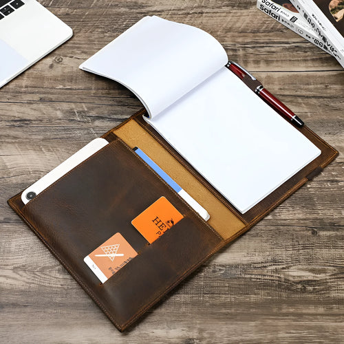 Brown Crazy Horse leather A5 notebook protective sleeve with square shape and socket-style design