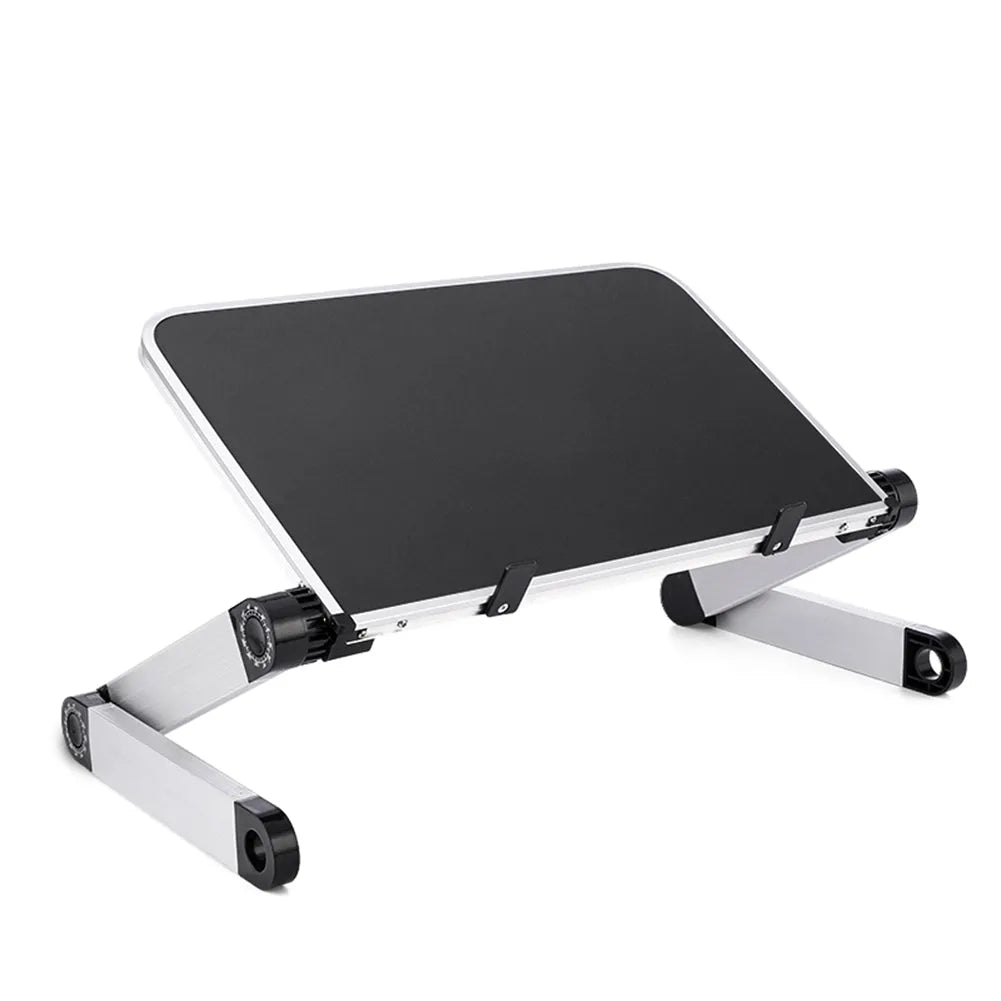 Foldable laptop stand in black with 360 degree adjustable angle on a desk