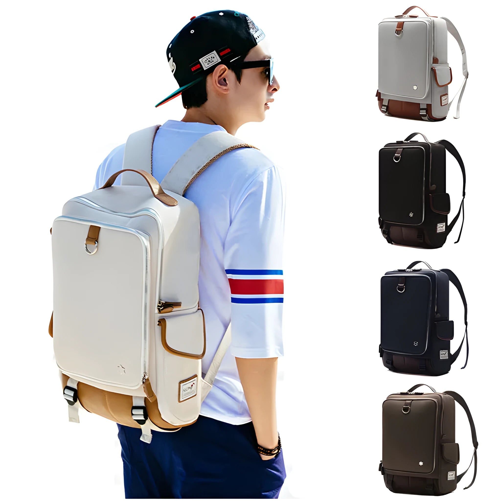 Men's modern large backpack in Oxford cloth, showing colour options including Army Green, Black, and Gray.