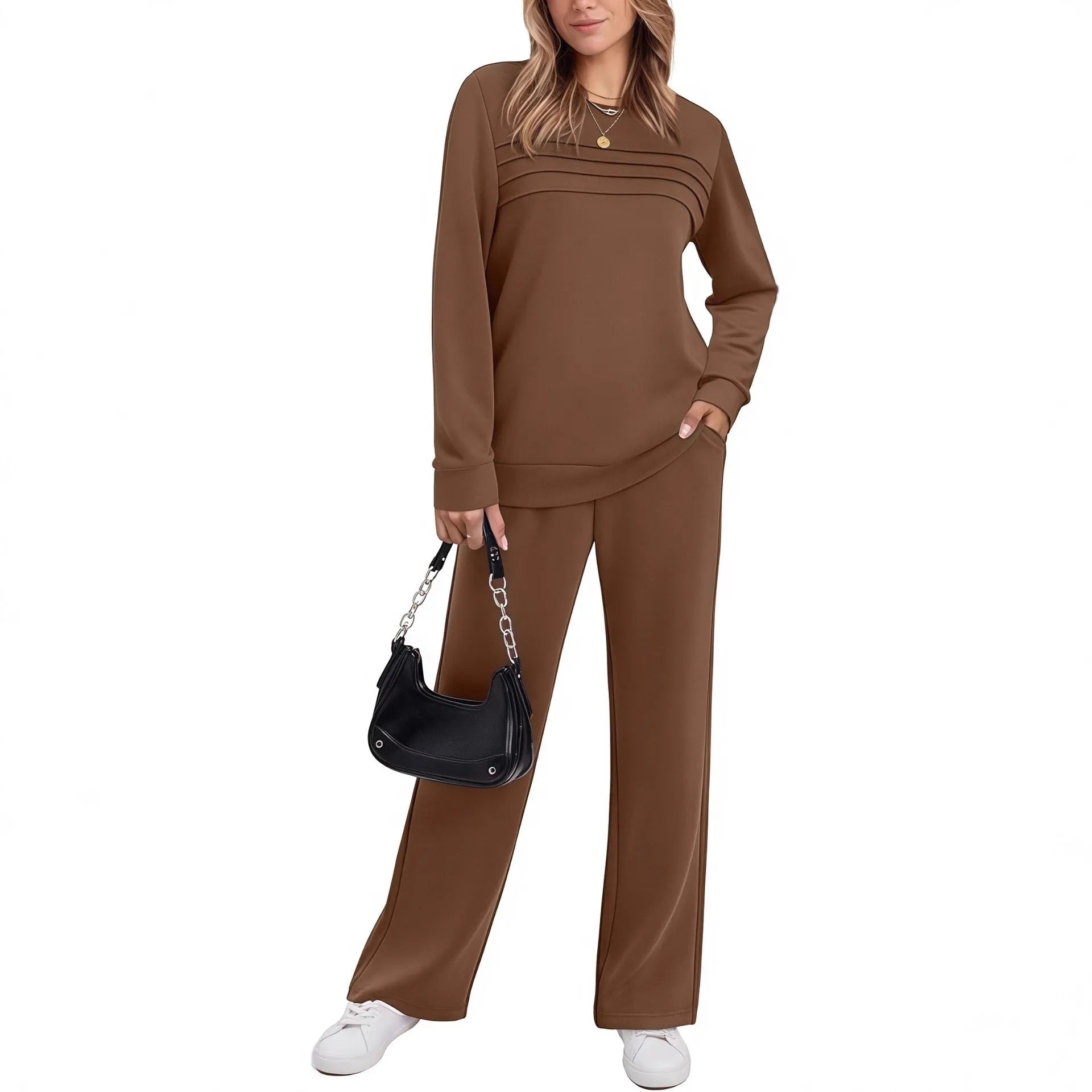 Women's casual long sleeve solid colour drawstring trousers suit set in army green with regular sleeves and polyester fabric