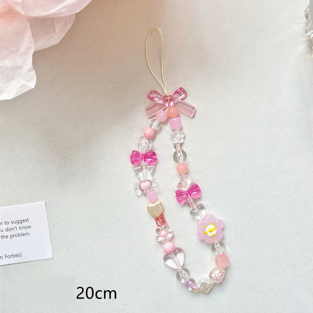 Beaded floral phone lanyard with colourful plastic resin beads on adjustable hand rope