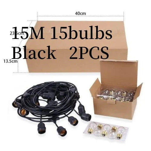 15-metre black decorative light string with 15 bulbs for indoor and outdoor festoon lighting