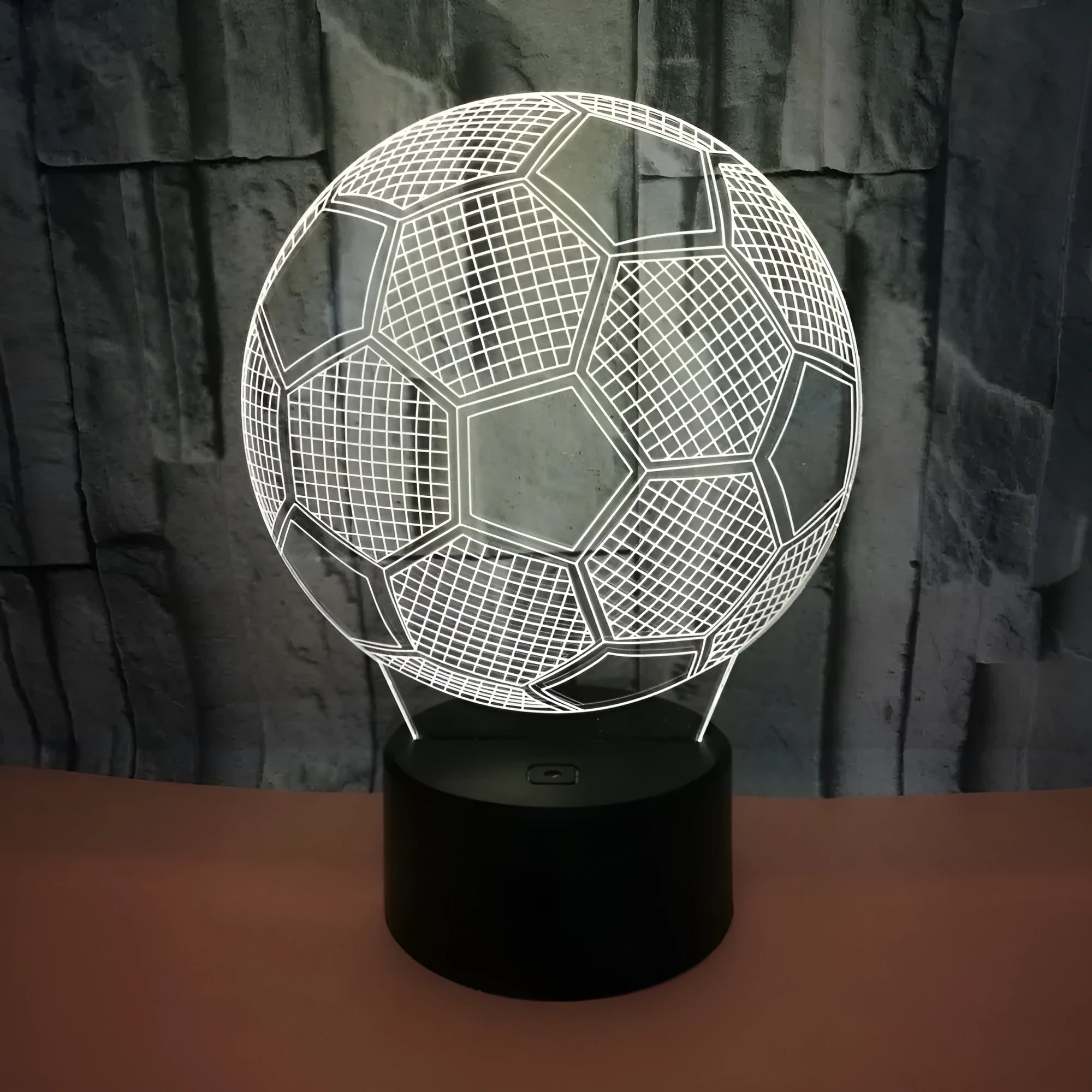 3D football night light with colour changing options and touch controls on acrylic panel