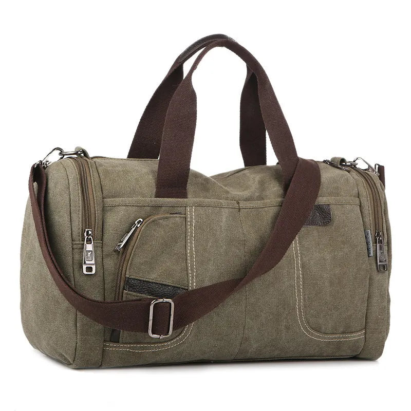 Canvas men shoulder bag, horizontal square shape, zipper closure, khaki colour, with single strap