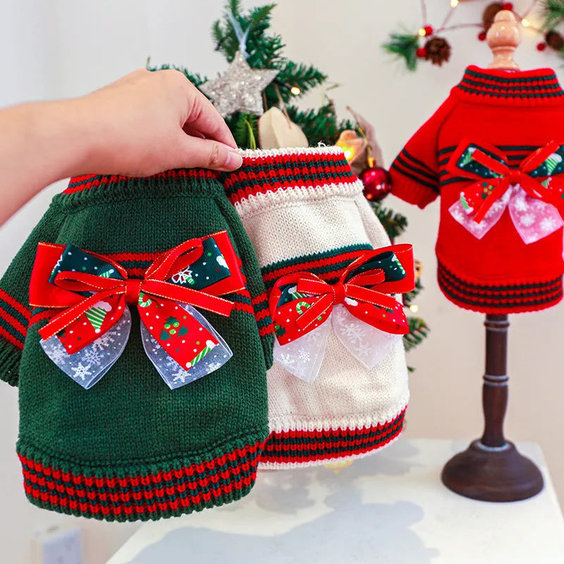 Red and green Merry Christmas print dog sweater for small to large dogs.