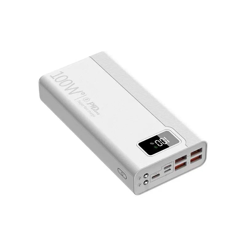 Black and white high capacity power bank showing front view with dimensions