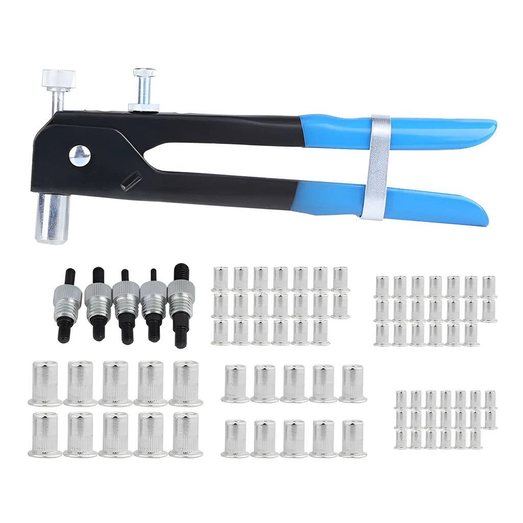 Alloy steel manual rivet nut tool with interchangeable mandrels for M3 M4 M5 M6 M8 threads.