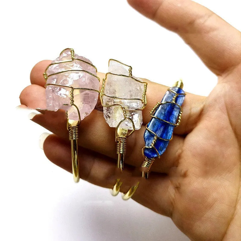 Natural crystal rough stone bracelet with gold winding geometric bohemian design