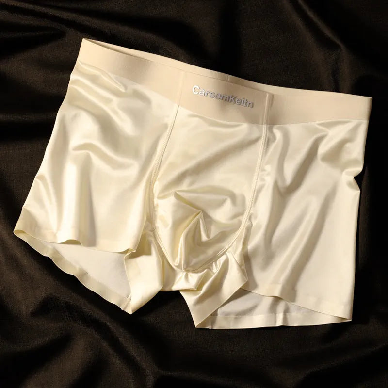 Men's colourblock ice silk underwear in veil white, dream glass brown, silver bamboo grey, and moonlight blue colours