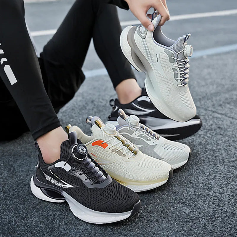 Men's white rotating button buckle running shoes with breathable mesh upper and low-top design
