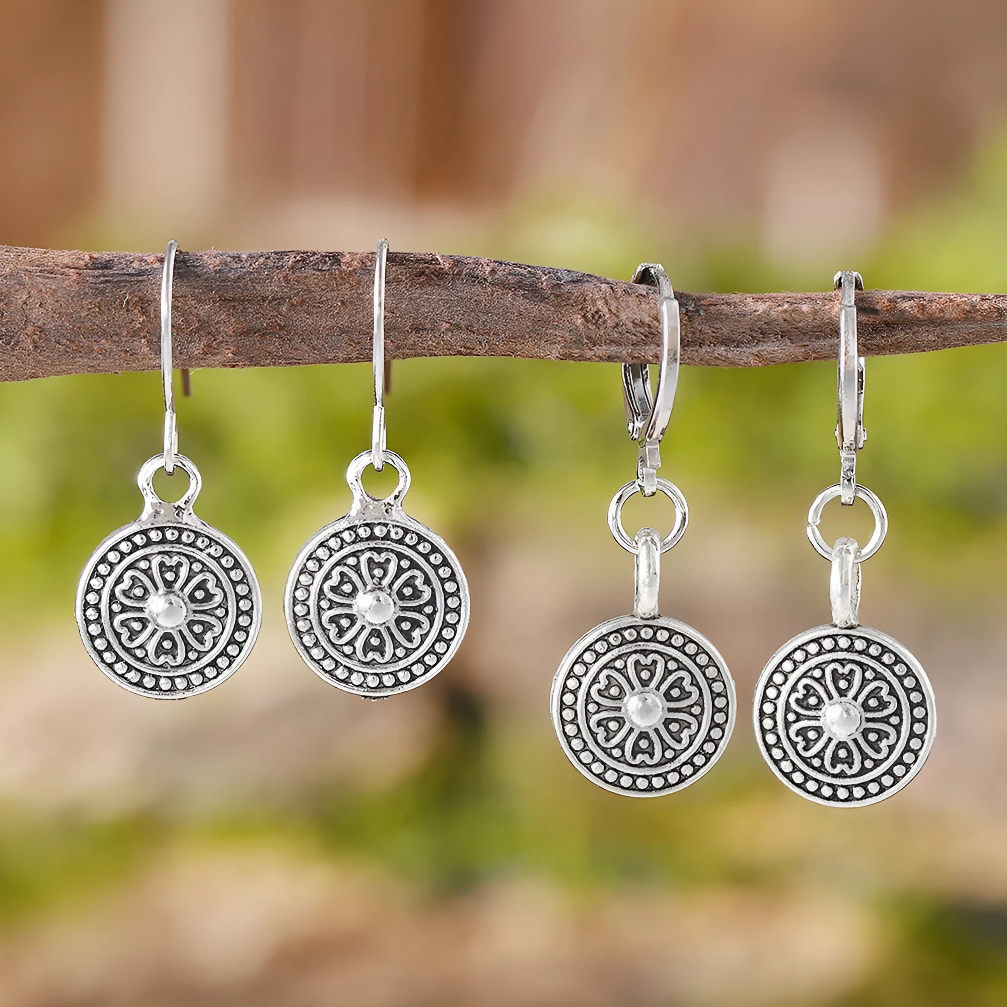 Bohemian style geometric earrings with distressed round print ethnic designs