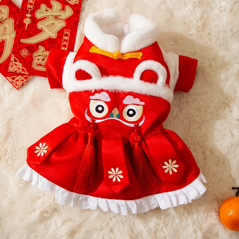 Lion Dance Pet Outfit red cotton-padded dog costume with embroidery and tassels for New Year