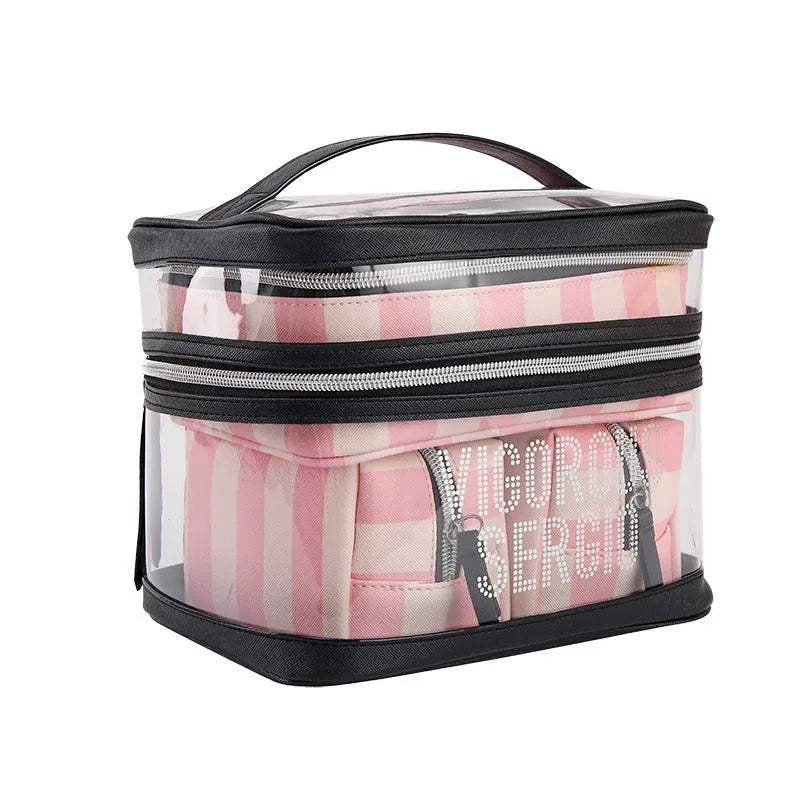 Pink and white bold stripe floral pattern retro-style waterproof synthetic leather makeup buggy bag.