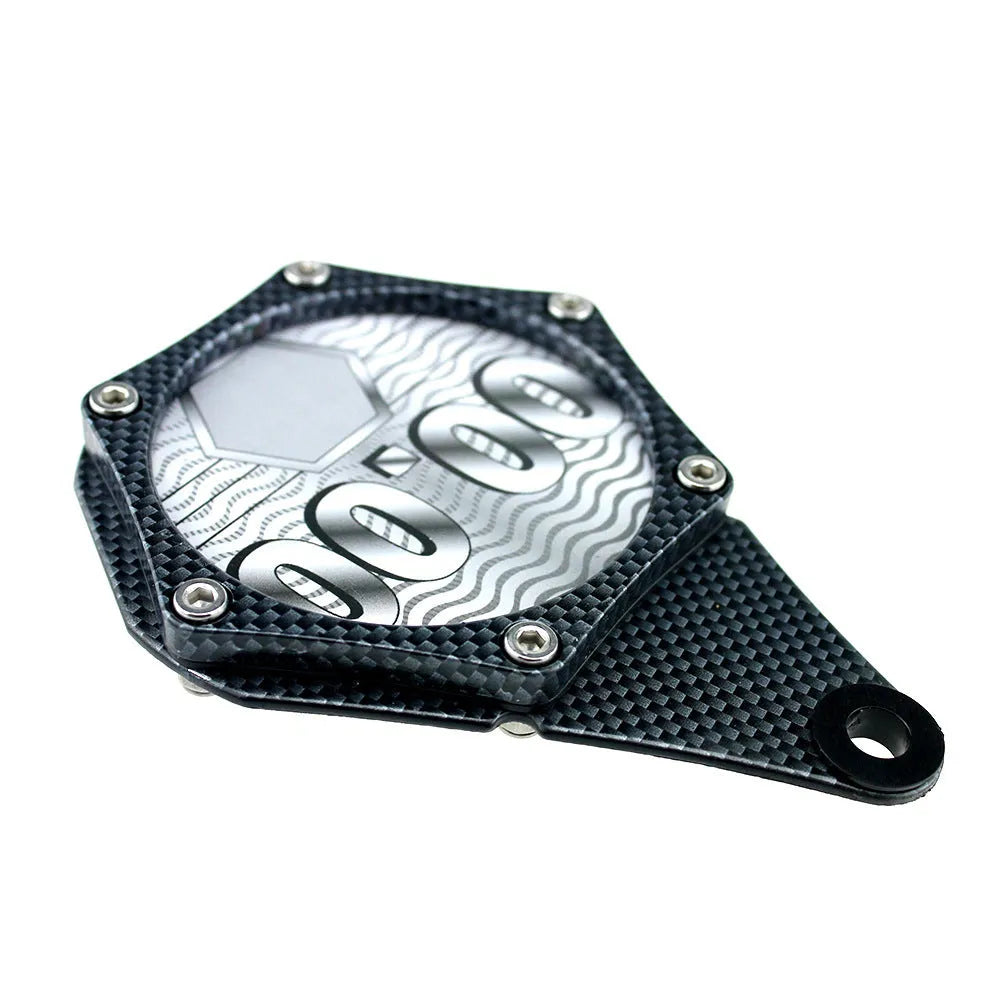 Black carbon fibre pattern motorcycle tax disc holder with anti-theft screws