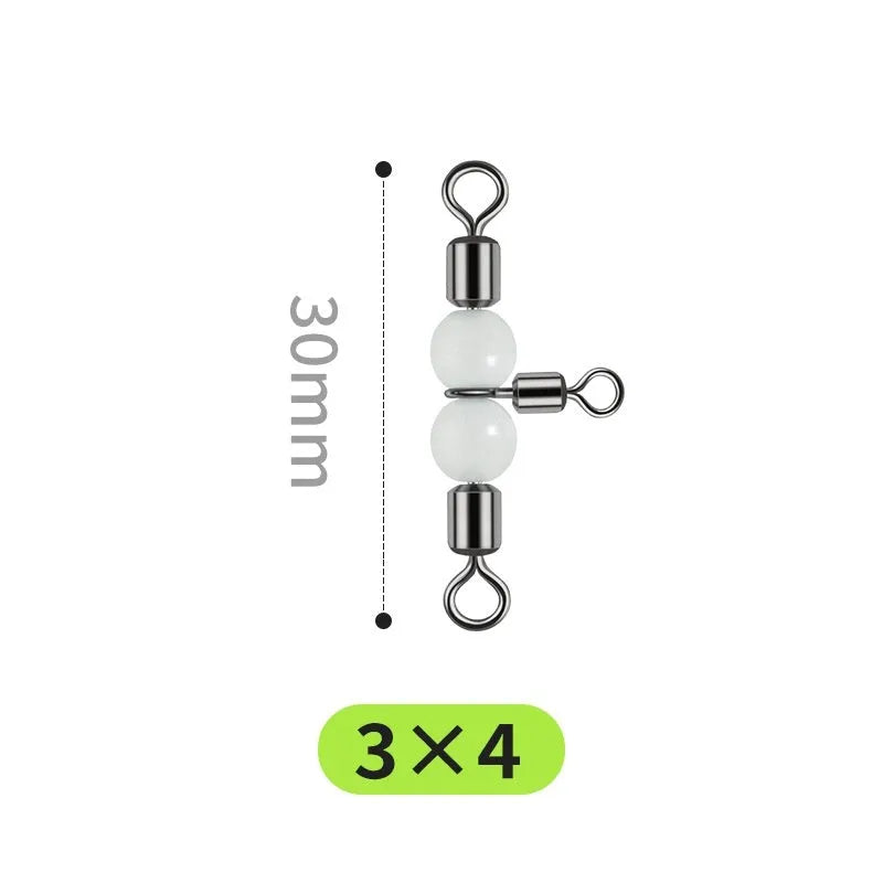 Copper three-fork fishing lure swivel beads with luminous material and eight rotating rings.