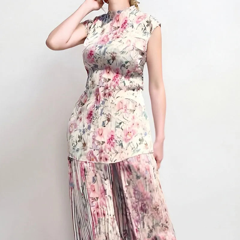 Women's long sleeve printed chiffon dress set with high-waist skirt on a mannequin