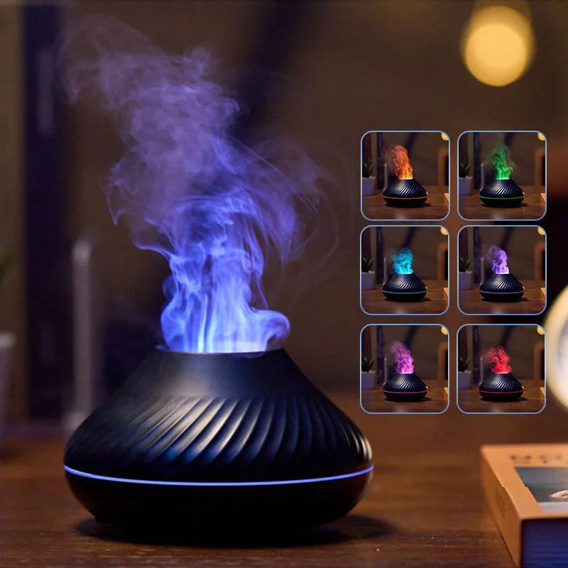 130ml RGB flame aroma diffuser with 3D colourful fire volcano effect humidifier night light black