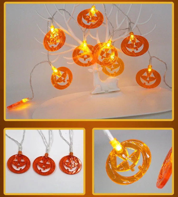 Halloween LED string lights with 10 pumpkin ghost bat spider skull pendants on white 1.2m waterproof cable