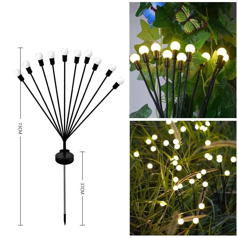 Solar-powered LED firefly ground lamp with multiple heads and ground spike for garden installation