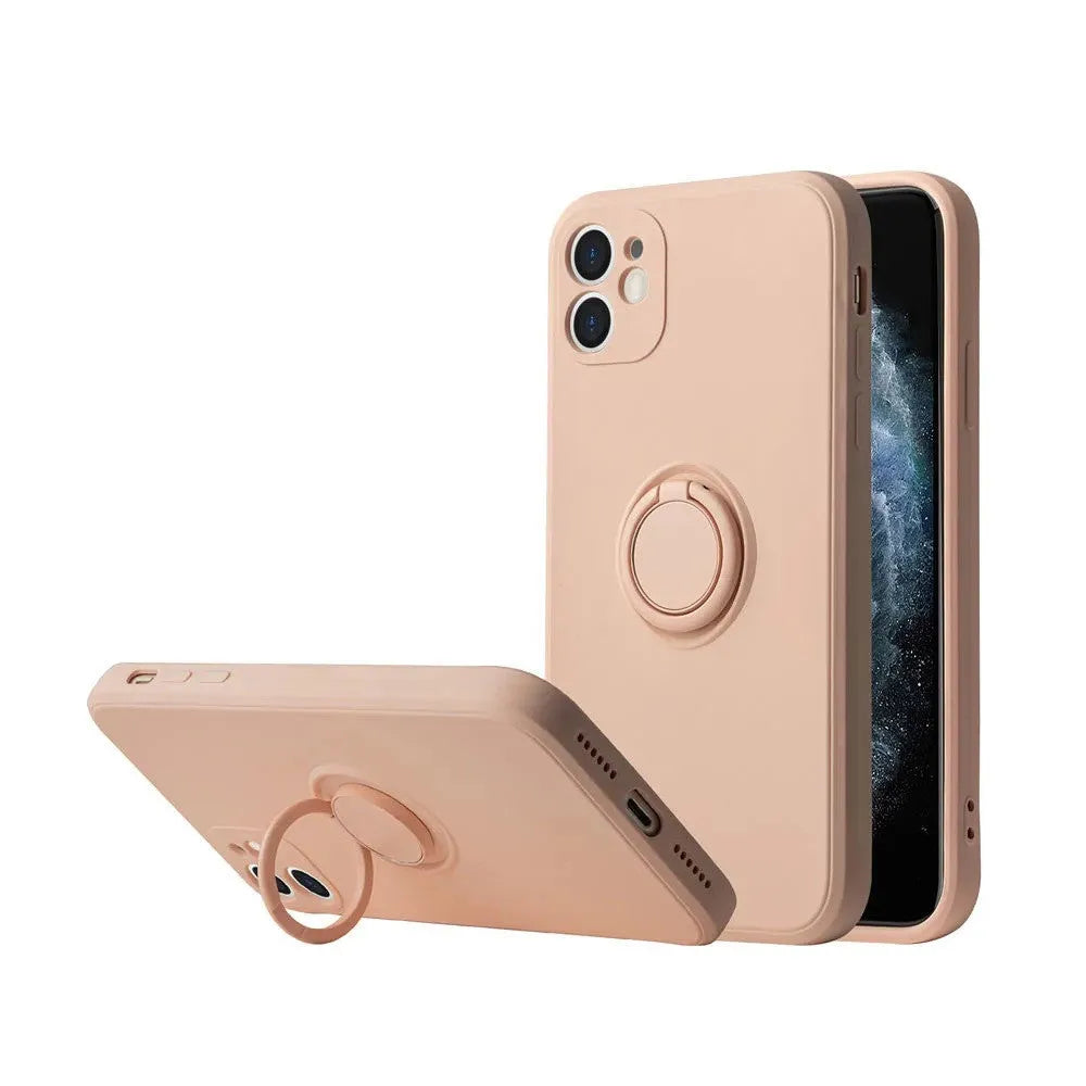 Black silicone iPhone case with a built-in metallic ring bracket on the back, shown fitted to an iPhone 12.