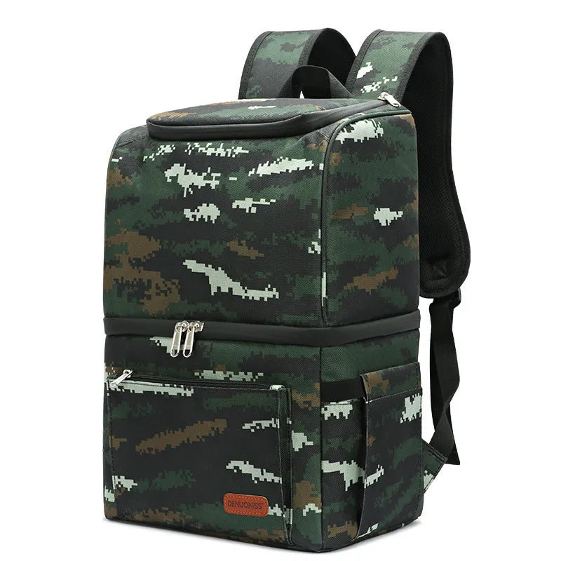 Blue double layer insulated backpack with large main compartment and adjustable straps.