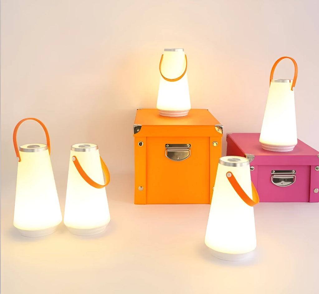 White rechargeable LED table lamp with square base and warm light illumination