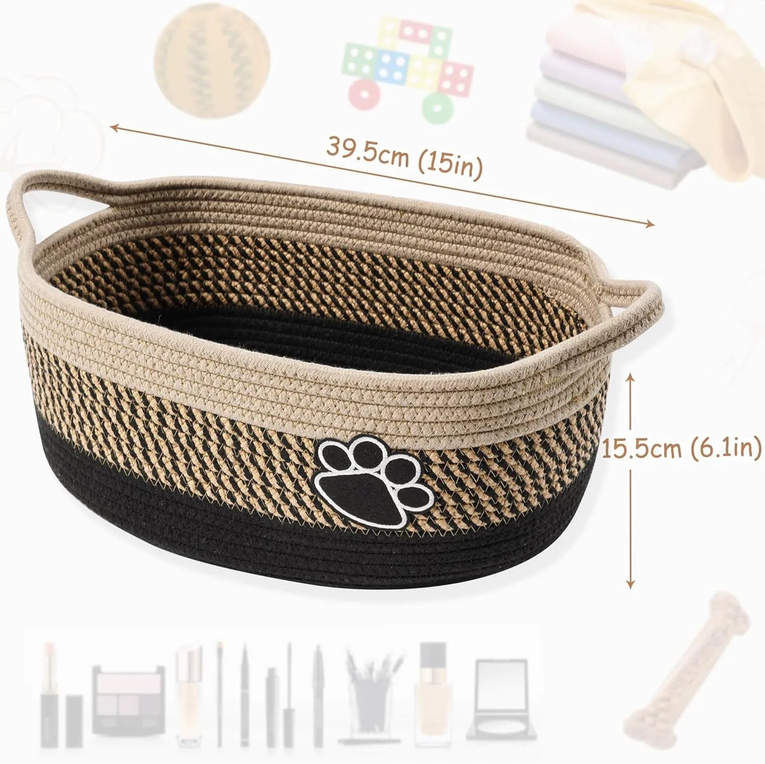 Light beige handmade cotton rope storage basket with wooden handles