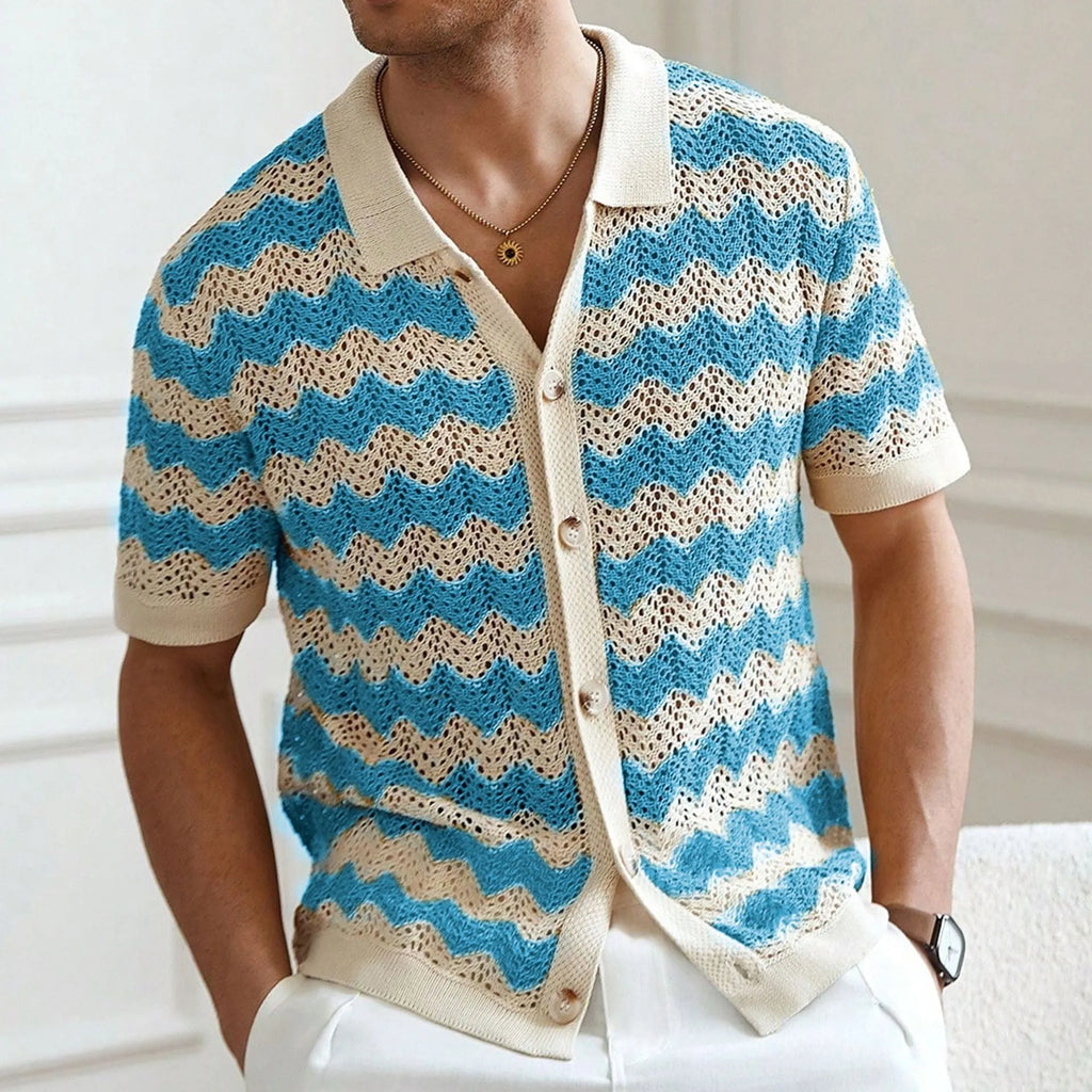 Short sleeve Tencel viscose sweater with jacquard corrugated flocking pattern in blue.
