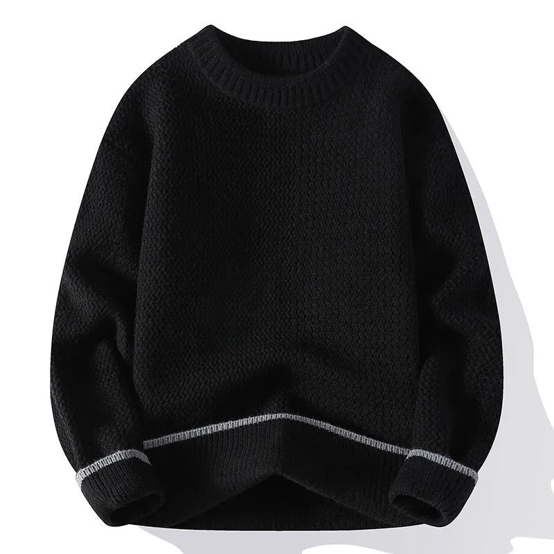 Men's grey round neck loose fitting sweater with long sleeves for autumn winter wear