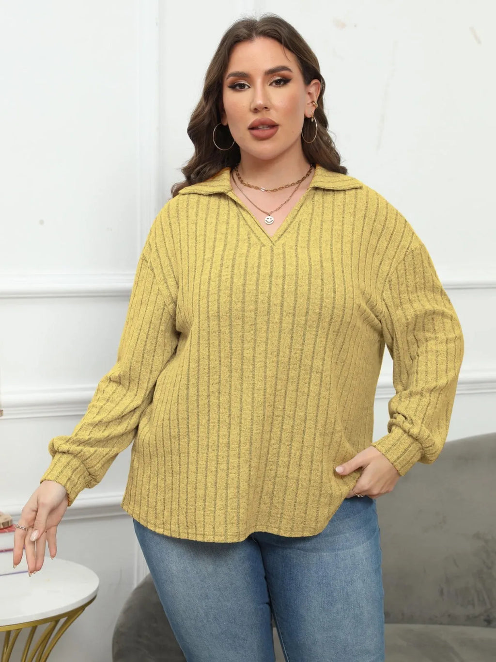 Women's plus size polo collar polar fleece shirt with lantern sleeves in melange gray