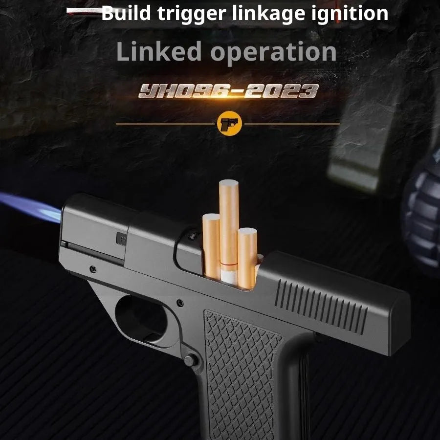 Gun-type windproof gas lighter with cigarette case, plastic body, black colour