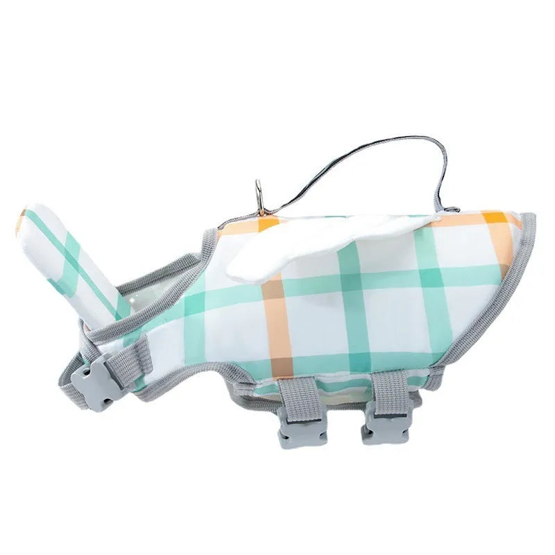 Dog swimming life jacket in polyester woven EVE buoyancy cotton, available in six sizes XS to XXL and four colours.