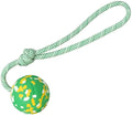 Natural rubber dog ball attached to a nylon rope for fetch and tug-of-war games.