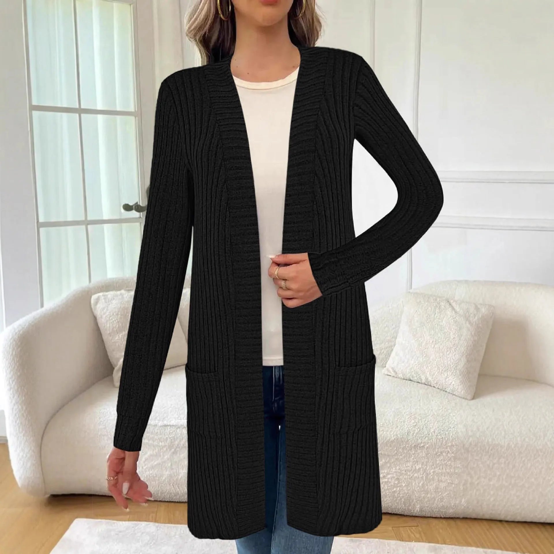 Loose fit grey polyester knitted cardigan jacket with long sleeves and patch pockets