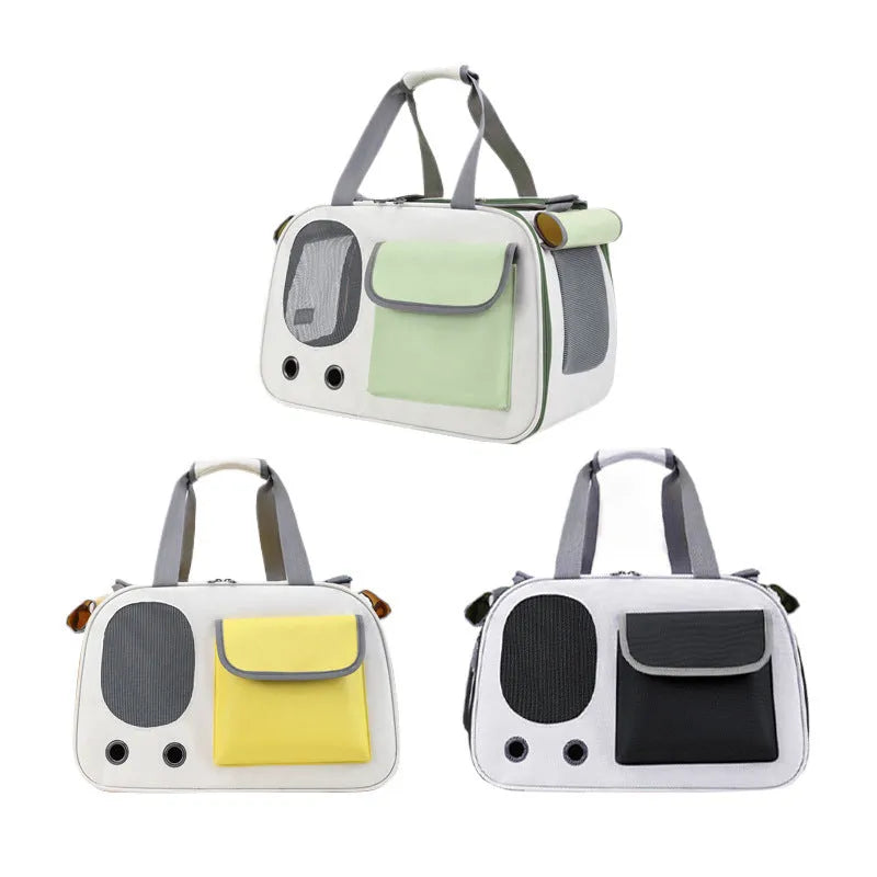 Foldable single shoulder pet carrier bag in canvas, shown in black, green, and yellow colour options.