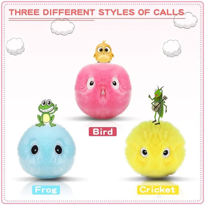 Interactive cat toy ball in blue, pink or yellow with smart sensor triggering animal sounds when touched