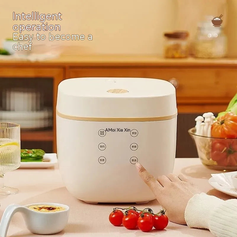 White intelligent multi-function rice cooker with 3L black crystal inner pot and steamer basket