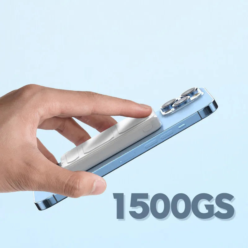 Magnetic wireless charging power bank with folding stand unfolded, shown in navy blue colour.