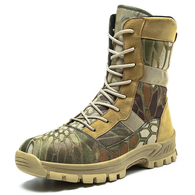 Men's black high-top combat boots with mesh upper and totem detailing, UK size 44
