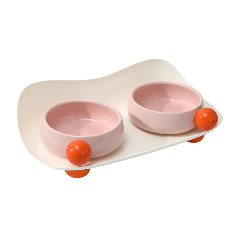 Ceramic raised pet bowl set with two bowls on non-slip silicone base for cats and small dogs