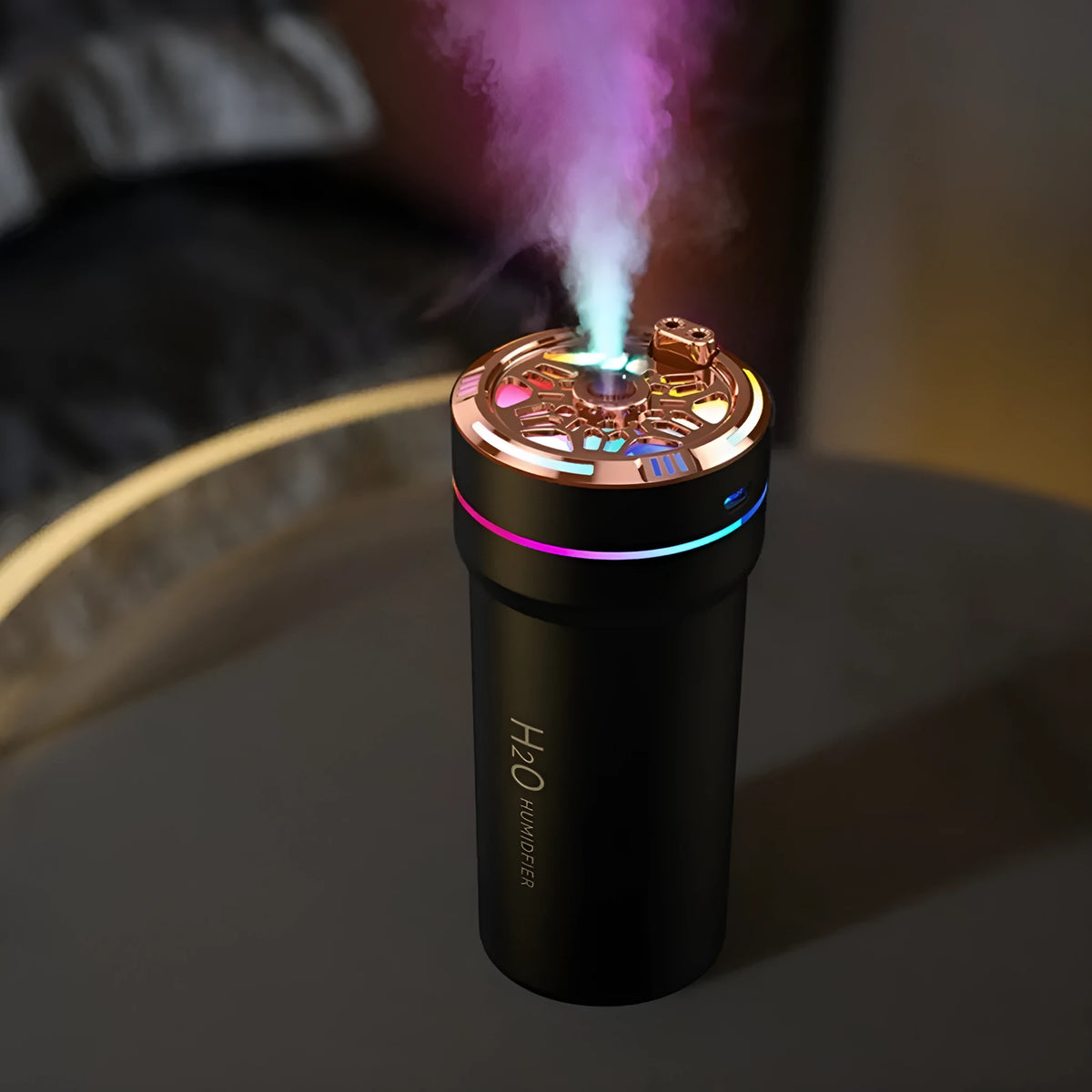 Mini USB car humidifier with starry sky projection light, plastic body, 0.5-1L tank, white black or khaki