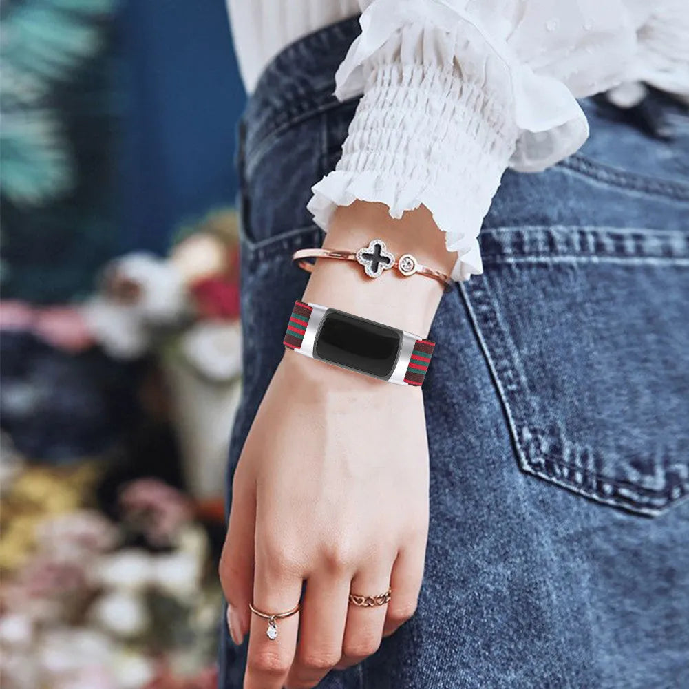 Elastic printed watch strap for Fitbit Charge 6 shown in multiple colour options