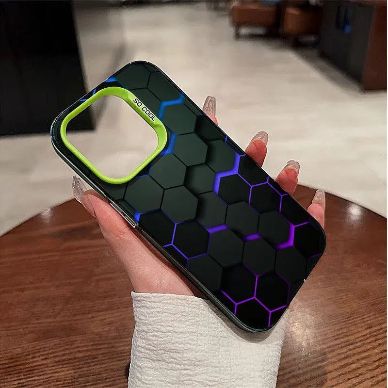 Frosted black iPhone case with a honeycomb square pattern on the back.