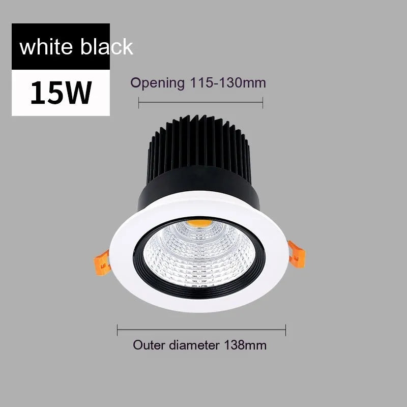 White aluminium embedded LED ceiling spotlight with anti-glare design showing three colour temperature options