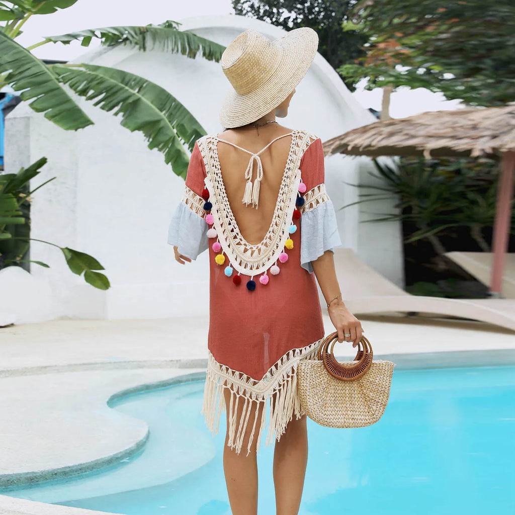 Orange floral beach overskirt with hand crochet stitching and tassel decoration