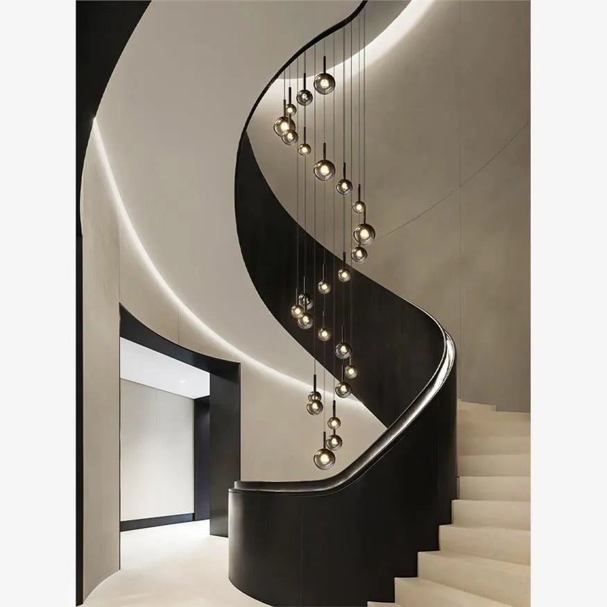 High-grade empty chandelier rotating staircase long chandelier glass ceiling lamp 3 heads shiny black